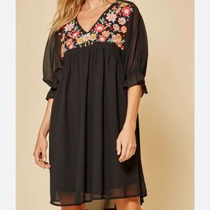 SAVANNA JANE women mini flowy embroidered black dress, lined, 1/2 sleeves